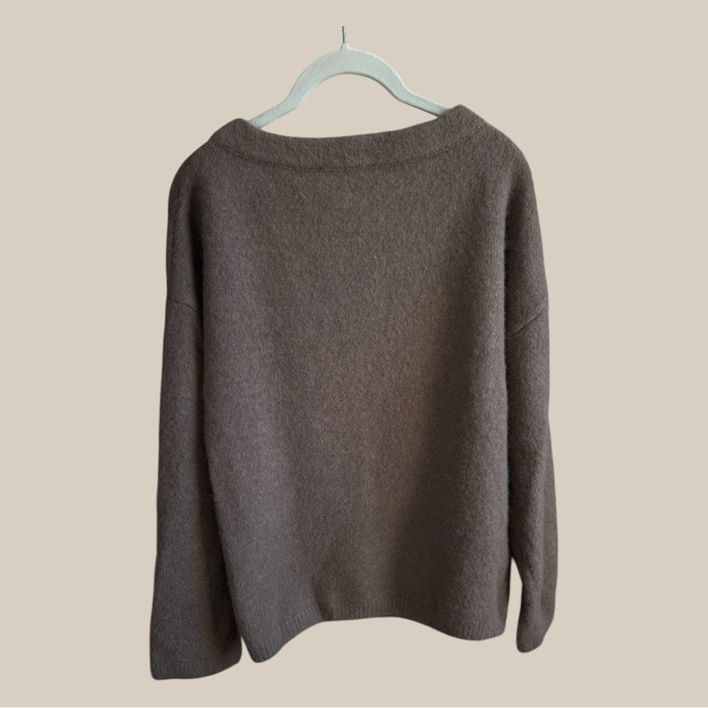 Zara Off-the-Shoulder Wool-Blend Sweater in Brown with Decorative Pin - Picture 2 of 3